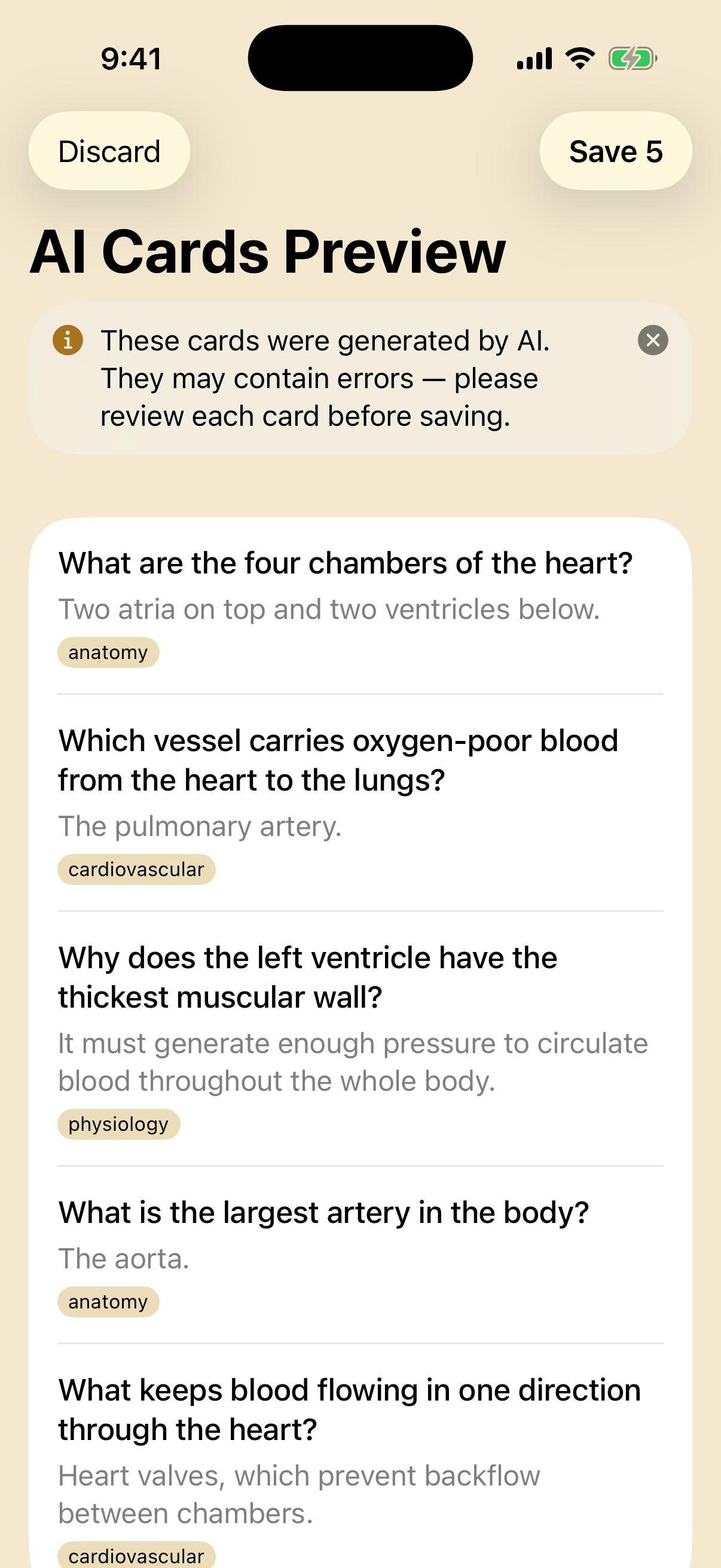 AI Cards Preview — five flashcards generated on-device from a lecture, each with a question, answer, and tags, ready to review and save
