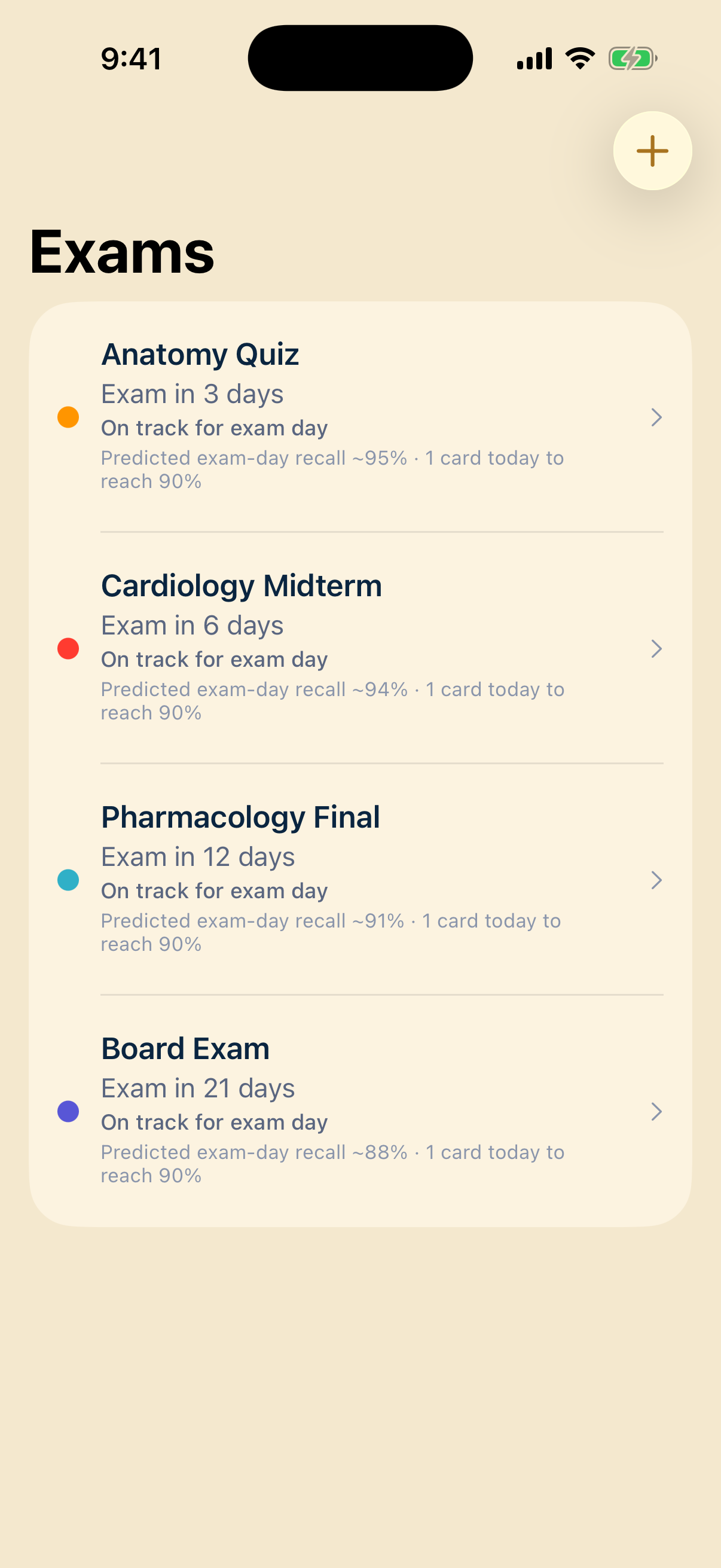 Exams tab — three upcoming exams (Cardiology Midterm, Pharmacology Final, USMLE Step 1), each with a color dot, day countdown, and on-track status